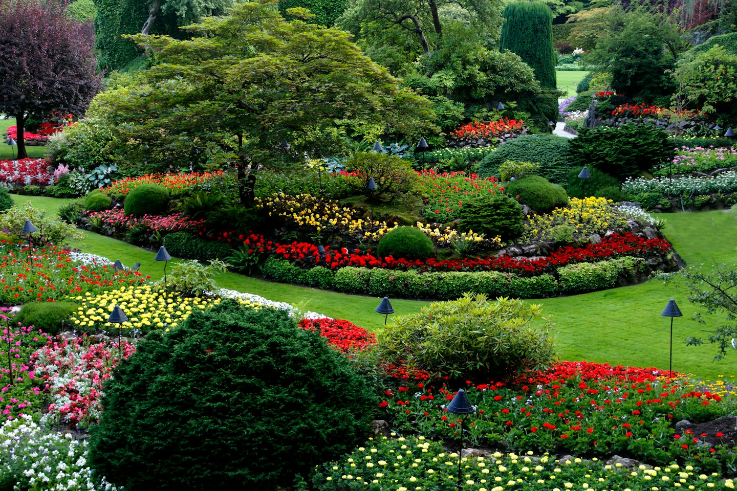 Giardino curato con aiuole vivaci e prati lussureggianti.